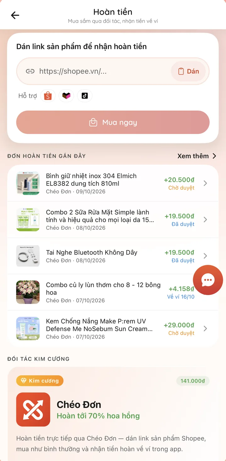 Mục đối tác hoàn tiền trong app Chéo Đơn